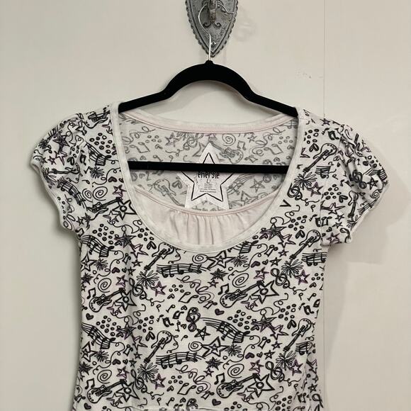 Y2K Vintage Energie L short sleeve t-shirt music notes AOP pockets black white - Picture 2 of 7